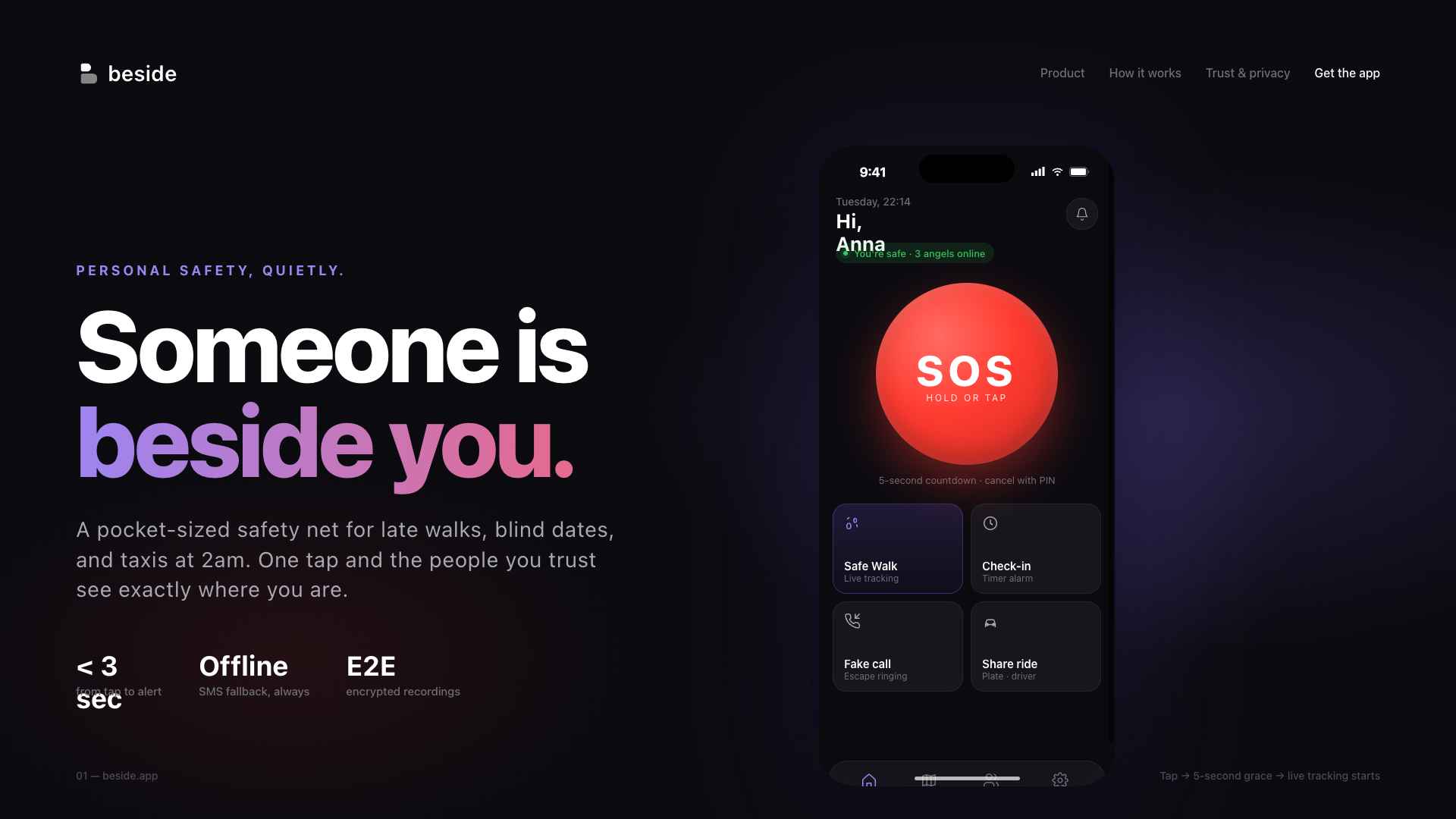Beside app home screen with the SOS button