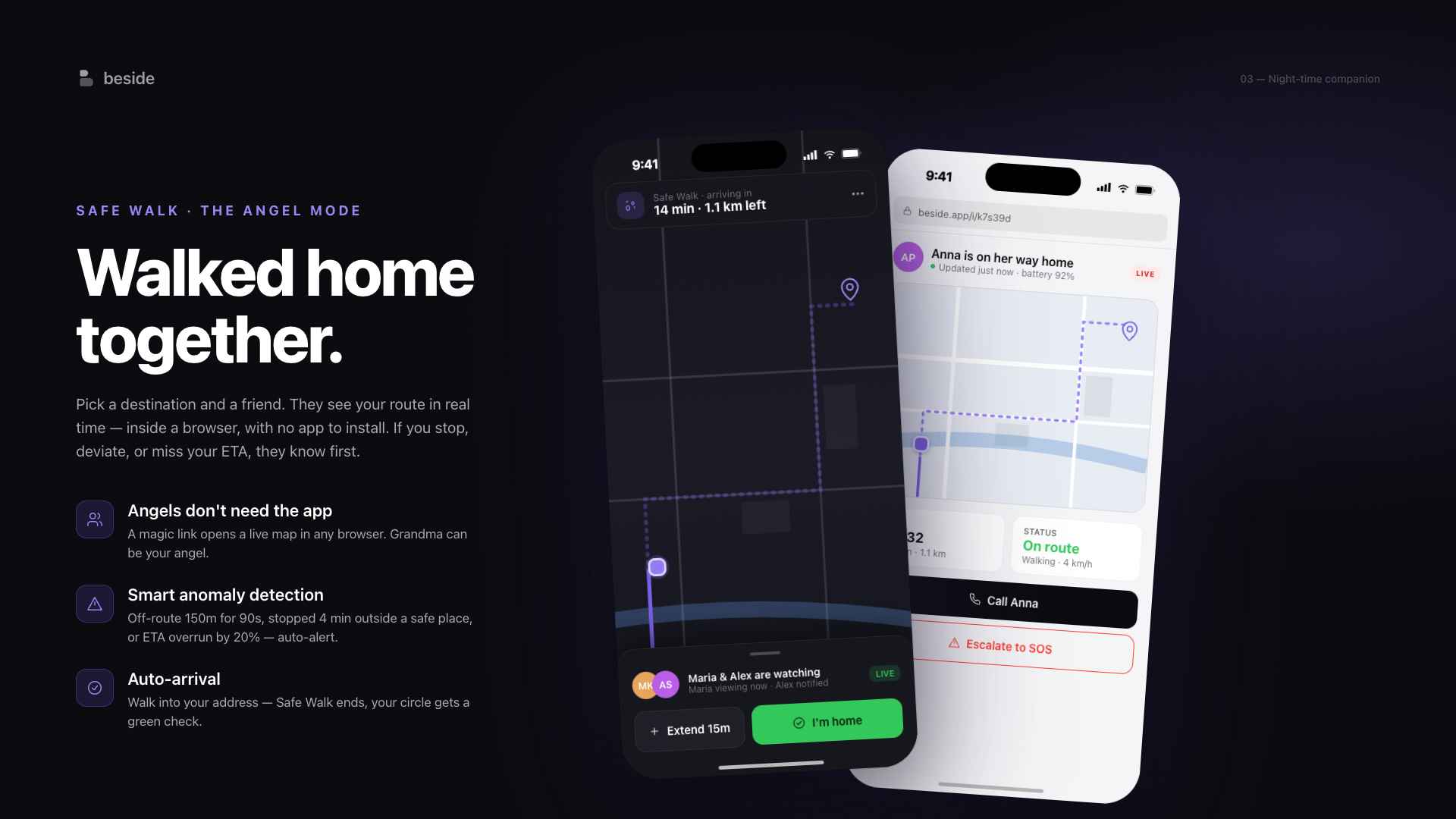 Safe Walk active on the user's phone alongside an angel's web-view showing the live route