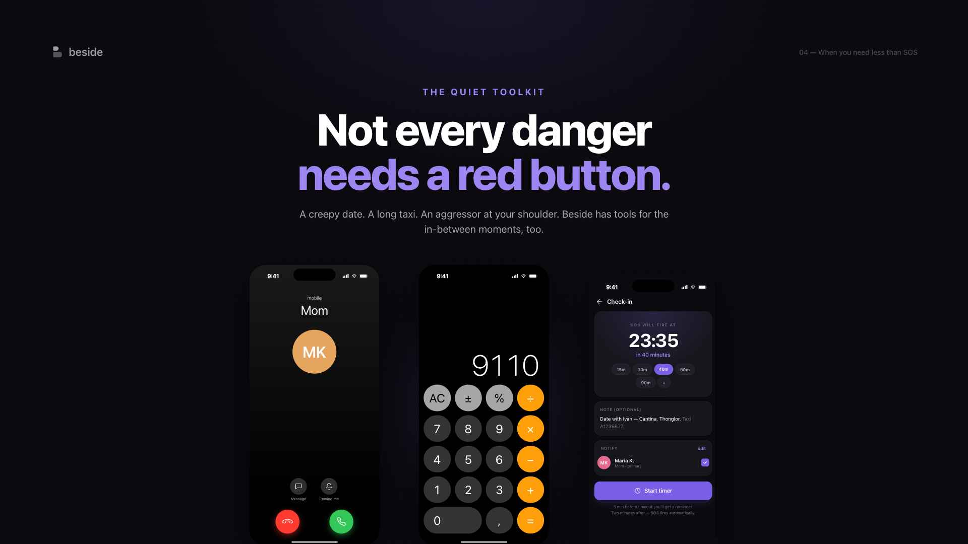 Fake call, stealth calculator and check-in timer shown side by side